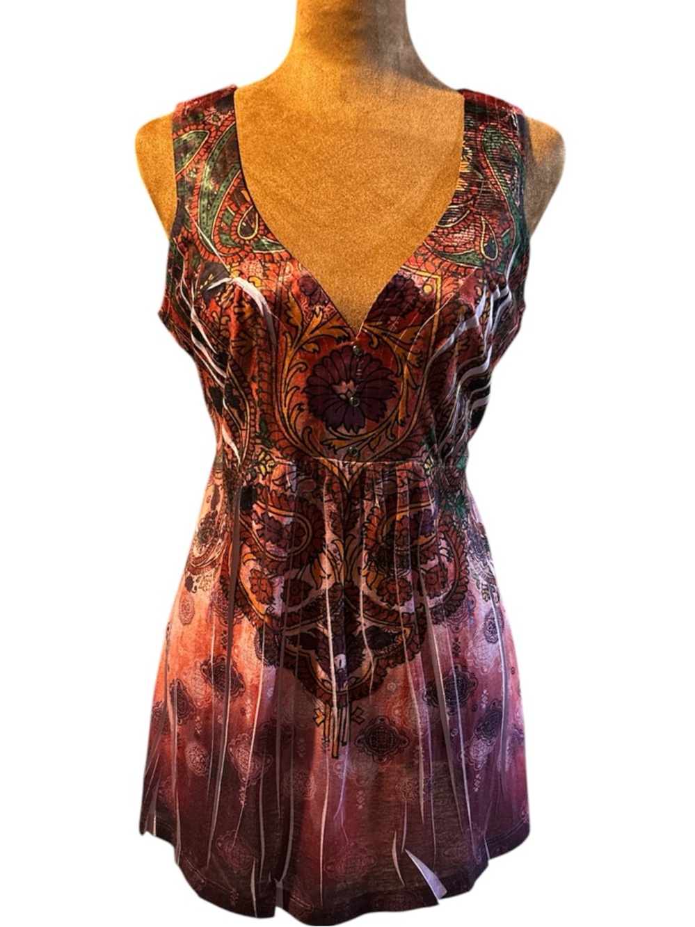 APT. 9 Vibrant Multicolor Purple Hues V-Neck Boho Empire Waist Tank Top Size Med